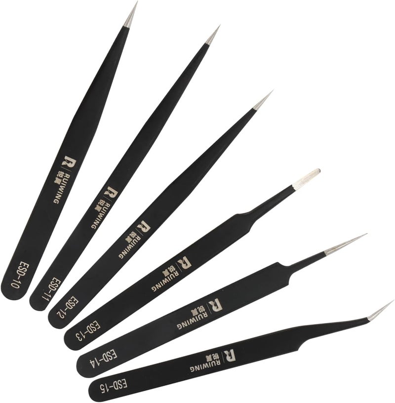 RuiWing 6PCS Precision Tweezers Set, ESD Anti-Static Heavy-Duty Stainless Steel Electronic Tweezers for Electronics Repair, Laboratory, Soldering, Jewelry Making Tools Straight & Curved Tips, Precision Tools - Image 1